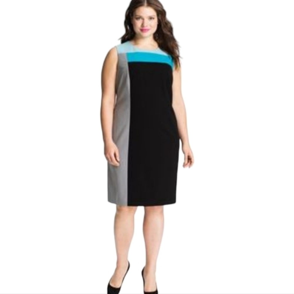 Calvin Klein Color Block Sleeveless Sheath Dress Blue Gray Career Academia Sz 12